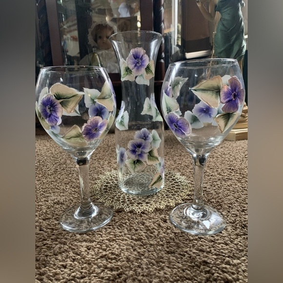 Hand Painted Glass Pitcher w/2 Juice/Wine Glasses - Picture 1 of 4